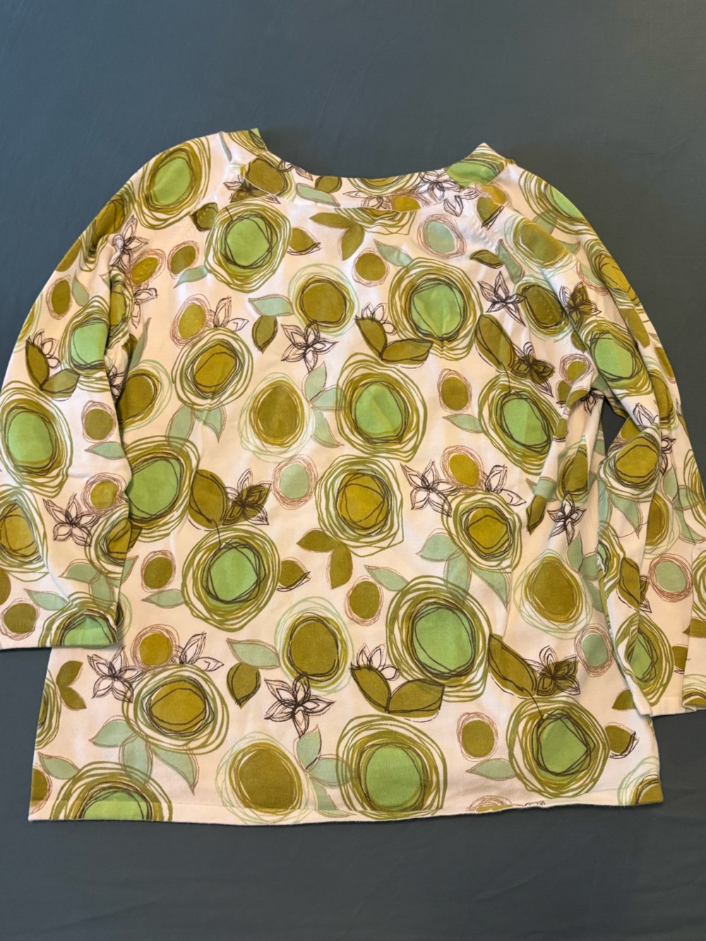 Talbots Cream and Green Floral Print Top Size L